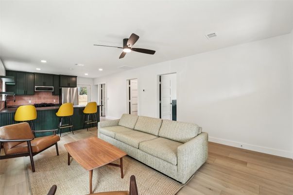 Interior, Kitchen, Living room, Recessed Lighting, Stainless Steel Appliances, Wood Texture Flooring