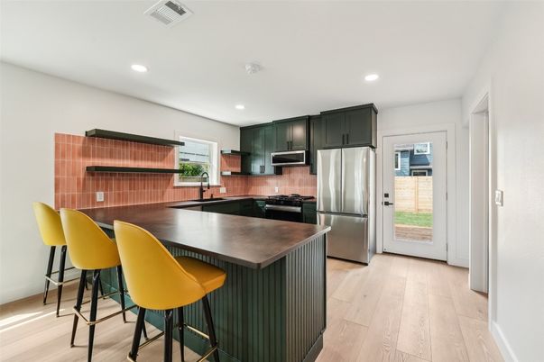 Interior, Kitchen, Recessed Lighting, Stainless Steel Appliances, Wood Texture Flooring