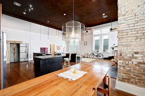Dining room, Interior, Kitchen, Pendant Lights, Recessed Lighting, Stone Walls, Wooden Ceilings, Wood Texture Flooring