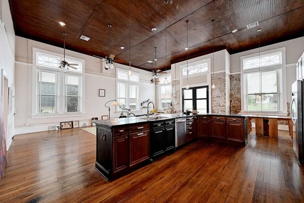 Interior, Kitchen, Pendant Lights, Recessed Lighting, Wooden Ceilings, Wood Texture Flooring