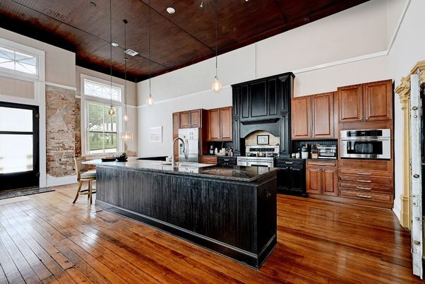 Interior, Kitchen, Pendant Lights, Stainless Steel Appliances, Stone Walls, Wooden Ceilings, Wood Texture Flooring