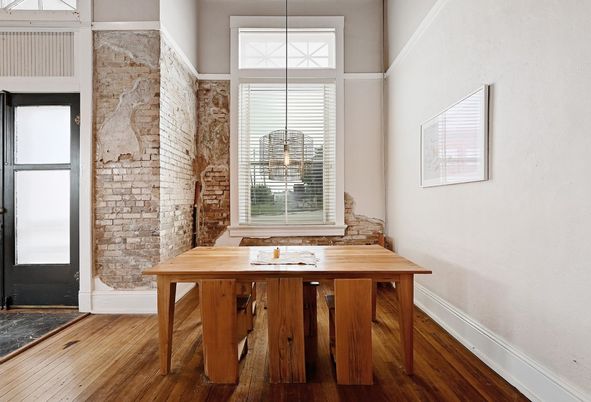 Dining room, Interior, Pendant Lights, Stone Walls, Wood Texture Flooring
