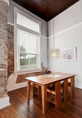 Dining room, Interior, Pendant Lights, Wood Texture Flooring