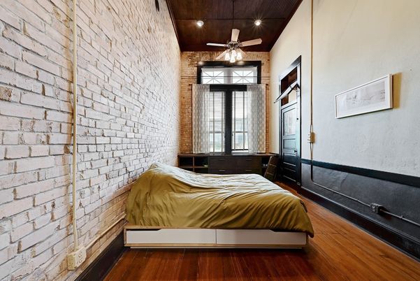 Bedroom, Interior, Recessed Lighting, Stone Walls, Wood Texture Flooring
