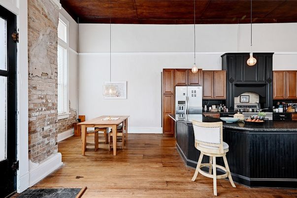 Dining room, Interior, Kitchen, Pendant Lights, Stone Walls, Wood Texture Flooring