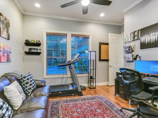 Fitness Equipment, Home Office, Interior, Recessed Lighting, Wood Texture Flooring
