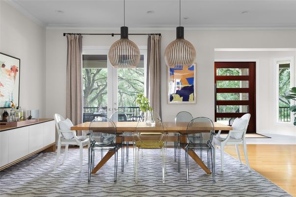 Dining room, Interior, Pendant Lights, Recessed Lighting, Wood Texture Flooring