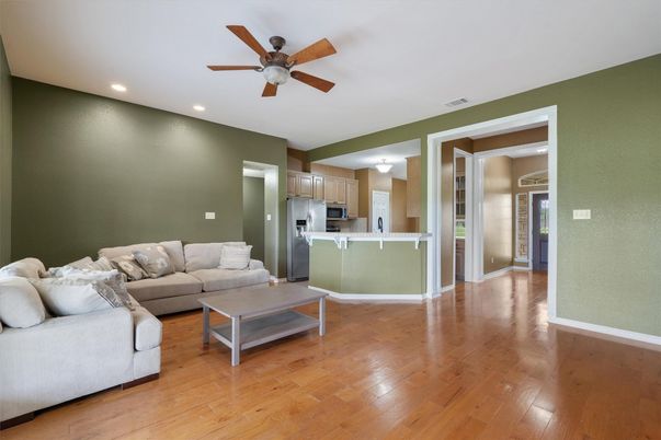 Interior, Kitchen, Living room, Recessed Lighting, Stainless Steel Appliances, Wood Texture Flooring