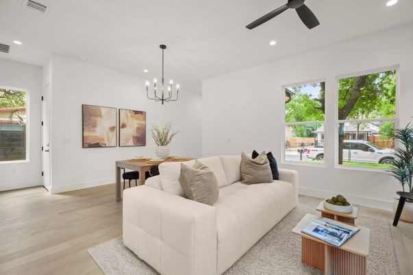 Dining room, Interior, Living room, Pendant Lights, Recessed Lighting, Wood Texture Flooring