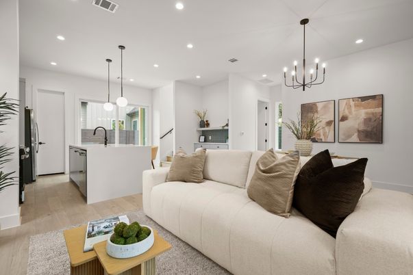 Interior, Kitchen, Living room, Pendant Lights, Recessed Lighting, Wood Texture Flooring