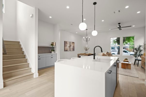 Dining room, Interior, Kitchen, Pendant Lights, Recessed Lighting, Wood Texture Flooring