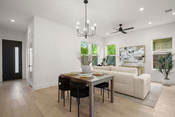 Chandelier, Dining room, Interior, Recessed Lighting, Wood Texture Flooring