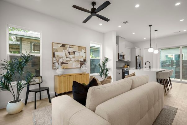 Interior, Kitchen, Living room, Pendant Lights, Recessed Lighting, Stainless Steel Appliances, Wood Texture Flooring