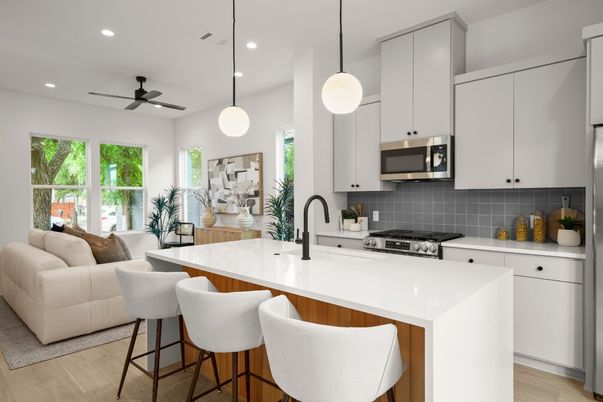 Interior, Kitchen, Living room, Pendant Lights, Recessed Lighting, Stainless Steel Appliances, Wood Texture Flooring