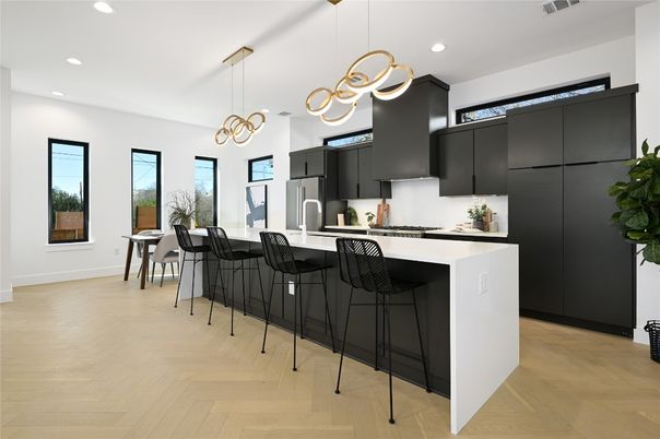 Interior, Kitchen, Pendant Lights, Recessed Lighting, Stainless Steel Appliances, Wood Texture Flooring