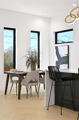 Dining room, Interior, Pendant Lights, Recessed Lighting, Wood Texture Flooring