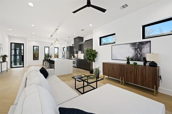 Dining room, Interior, Kitchen, Living room, Pendant Lights, Recessed Lighting, Stainless Steel Appliances, Wood Texture Flooring