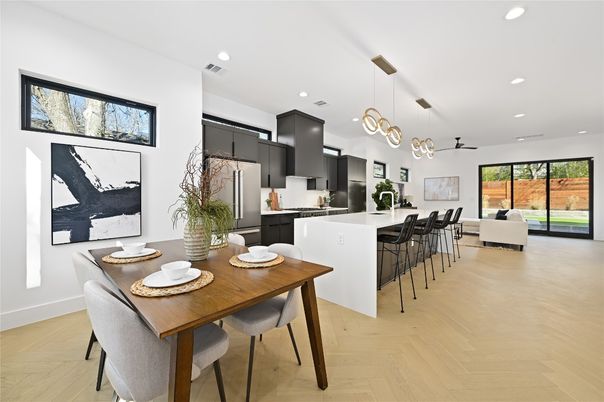 Dining room, Interior, Kitchen, Pendant Lights, Recessed Lighting, Wood Texture Flooring