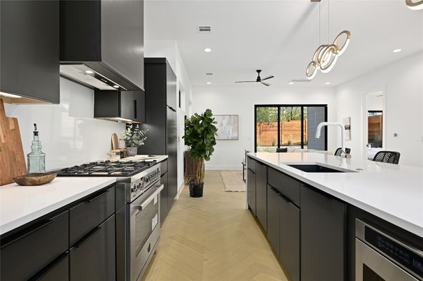 Interior, Kitchen, Pendant Lights, Recessed Lighting, Stainless Steel Appliances, Wood Texture Flooring