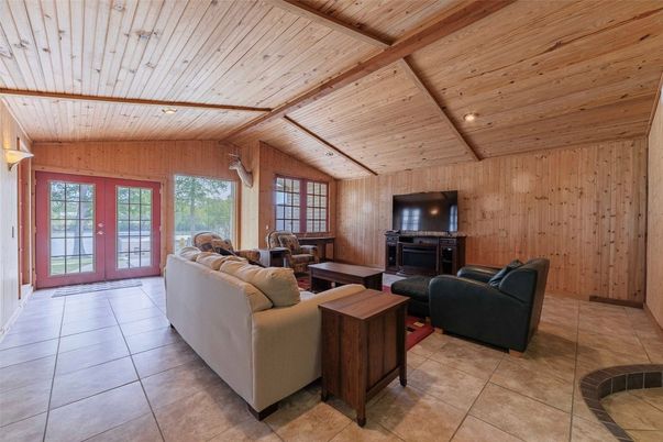 Fireplace, Interior, Living room, Recessed Lighting, Wooden Beams, Wooden Ceilings, Wooden Walls