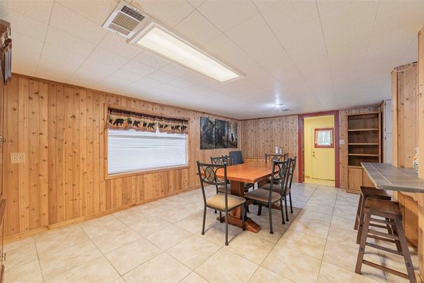 Dining room, Interior, Recessed Lighting, Wooden Walls