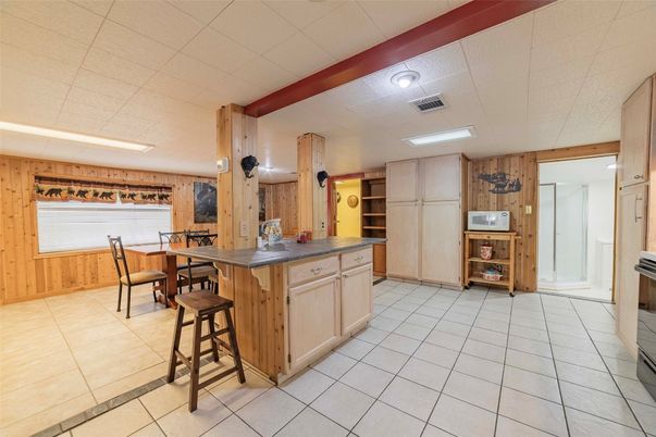 Dining room, Interior, Kitchen, Recessed Lighting, Wooden Walls