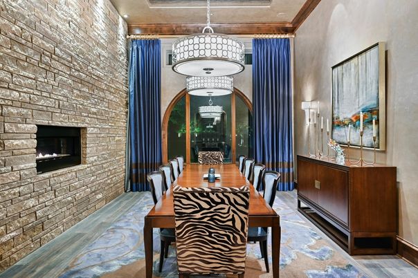 Dining room, Fireplace, Interior, Pendant Lights, Stone Walls