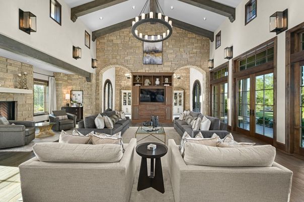 Fireplace, Interior, Living room, Pendant Lights, Recessed Lighting, Stone Walls, Wooden Beams, Wood Texture Flooring