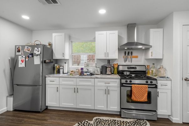 Interior, Kitchen, Recessed Lighting, Stainless Steel Appliances, Wood Texture Flooring