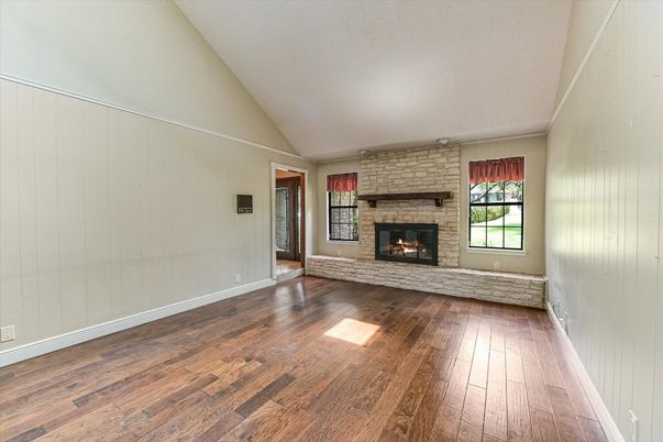 Empty room, Fireplace, Interior, Stone Walls, Wood Texture Flooring