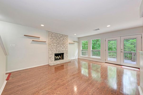 Empty room, Fireplace, Interior, Recessed Lighting, Wood Texture Flooring