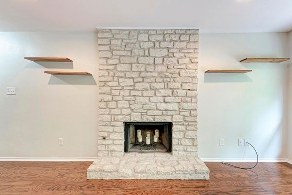 Fireplace, Interior, Recessed Lighting, Stone Walls, Wood Texture Flooring