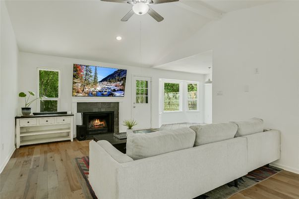 Fireplace, Interior, Living room, Recessed Lighting, Wood Texture Flooring