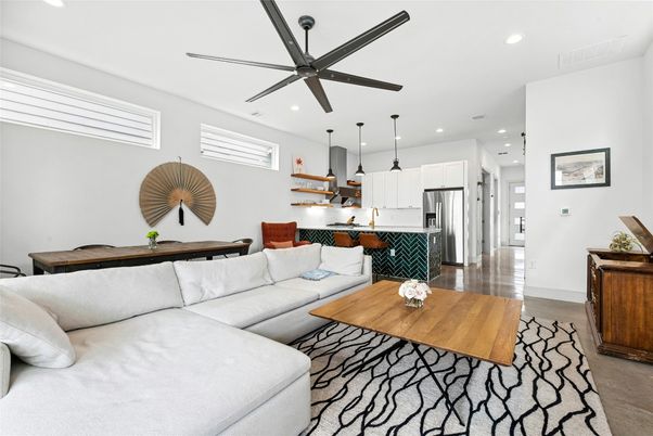 Interior, Kitchen, Living room, Pendant Lights, Recessed Lighting, Stainless Steel Appliances, Wood Texture Flooring