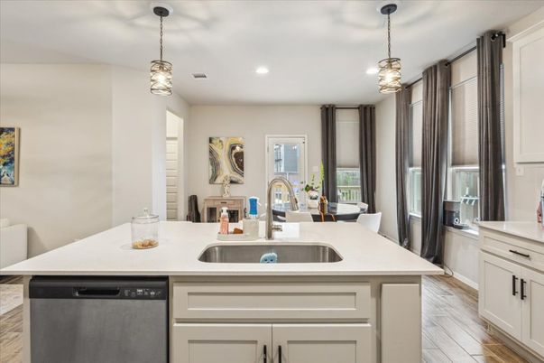 Dining room, Interior, Kitchen, Pendant Lights, Recessed Lighting, Wood Texture Flooring