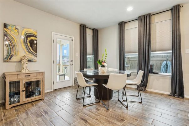 Dining room, Interior, Recessed Lighting, Wood Texture Flooring