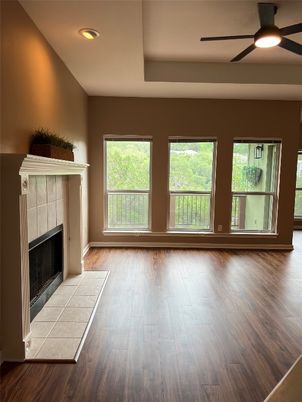 Empty room, Fireplace, Interior, Recessed Lighting, Wood Texture Flooring