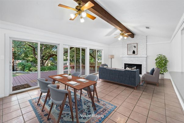 Dining room, Fireplace, Interior, Living room, Stone Walls, Wooden Beams