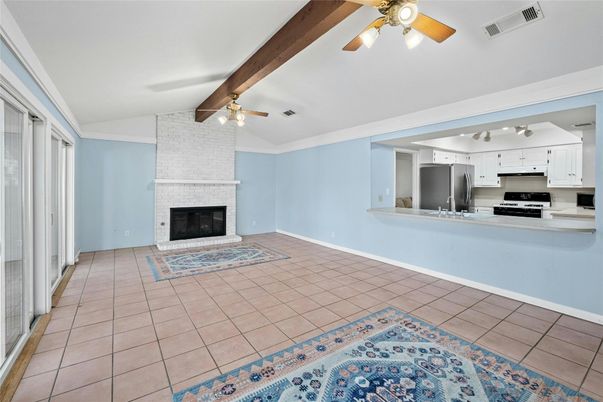 Empty room, Fireplace, Interior, Kitchen, Stainless Steel Appliances