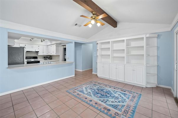 Empty room, Interior, Kitchen, Stainless Steel Appliances, Wooden Beams
