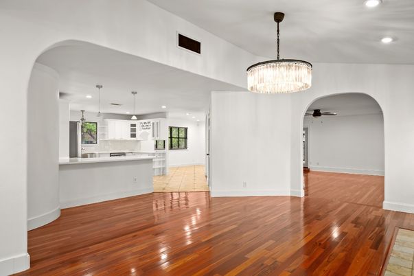 Chandelier, Empty room, Interior, Kitchen, Pendant Lights, Recessed Lighting, Wood Texture Flooring
