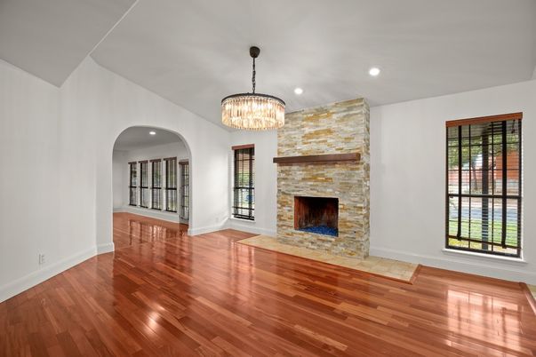Chandelier, Empty room, Fireplace, Interior, Recessed Lighting, Wood Texture Flooring
