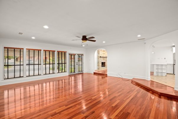 Empty room, Fireplace, Interior, Recessed Lighting, Wood Texture Flooring