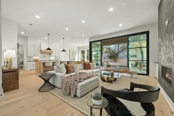 Fireplace, Interior, Kitchen, Living room, Pendant Lights, Recessed Lighting, Wood Texture Flooring