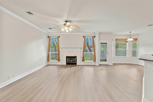 Empty room, Fireplace, Interior, Pendant Lights, Wood Texture Flooring