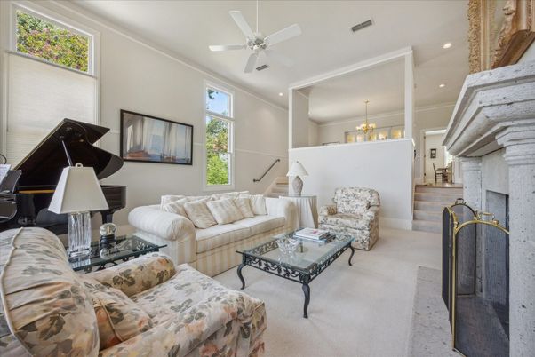 Chandelier, Fireplace, Interior, Living room, Piano, Recessed Lighting