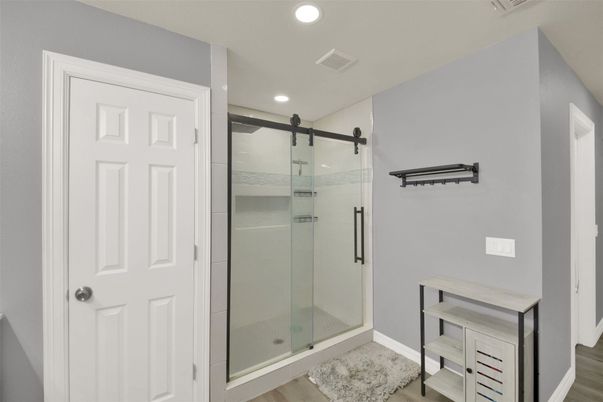 Bathroom, Glass Shower, Interior, Recessed Lighting, Wood Texture Flooring