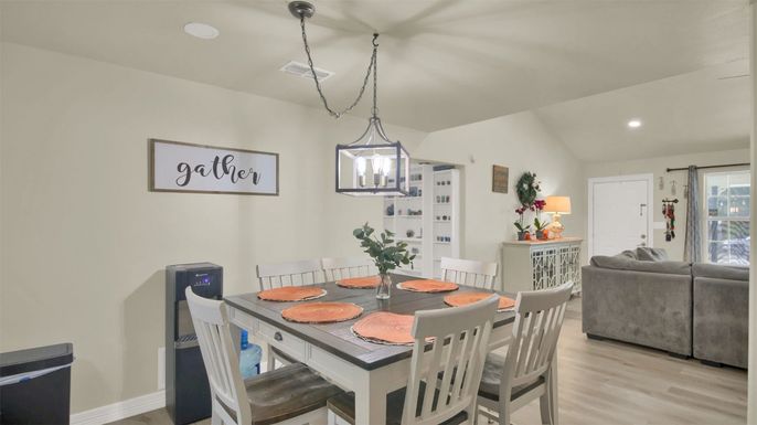 Dining room, Interior, Pendant Lights, Recessed Lighting, Wood Texture Flooring