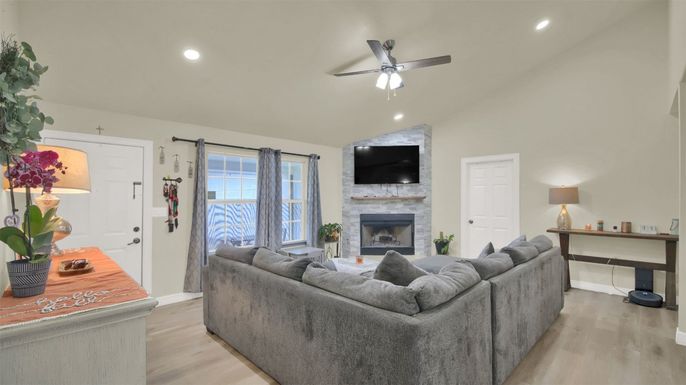 Fireplace, Interior, Living room, Recessed Lighting, Wood Texture Flooring