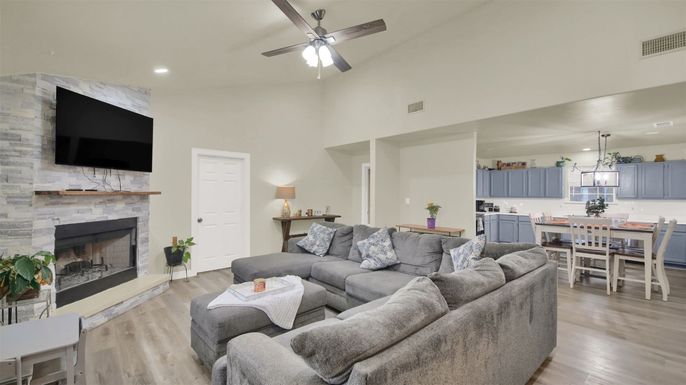 Dining room, Fireplace, Interior, Kitchen, Living room, Pendant Lights, Recessed Lighting, Stone Walls, Wood Texture Flooring